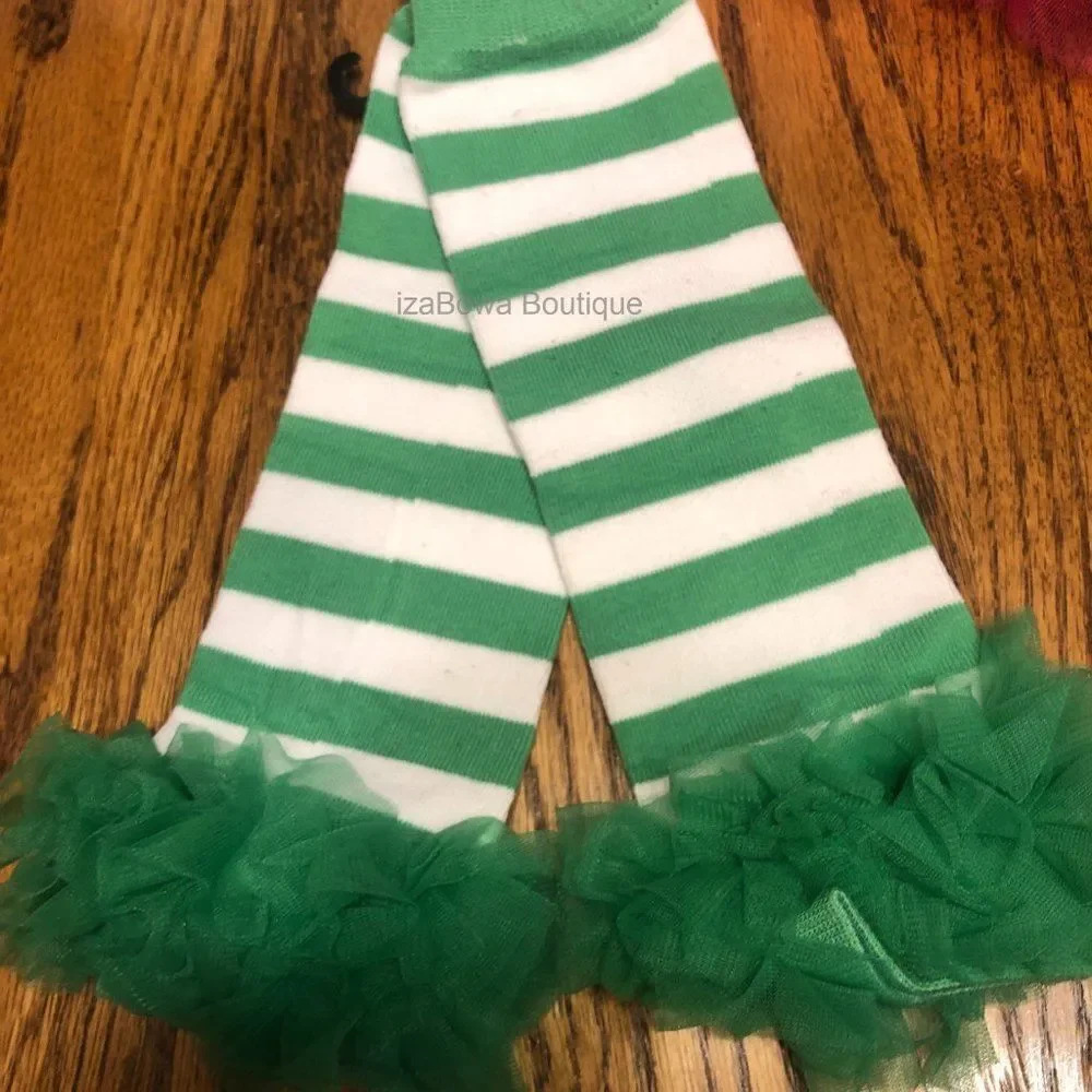 Green & White Stripe Legwarmers with Chiffon Ruffle (2) LW893 Boutique NWT